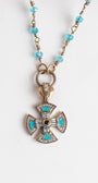Sterling Silver Pave Maltese Cross Pendant on a Turquoise Crystal Fine Rosary Chain Necklace