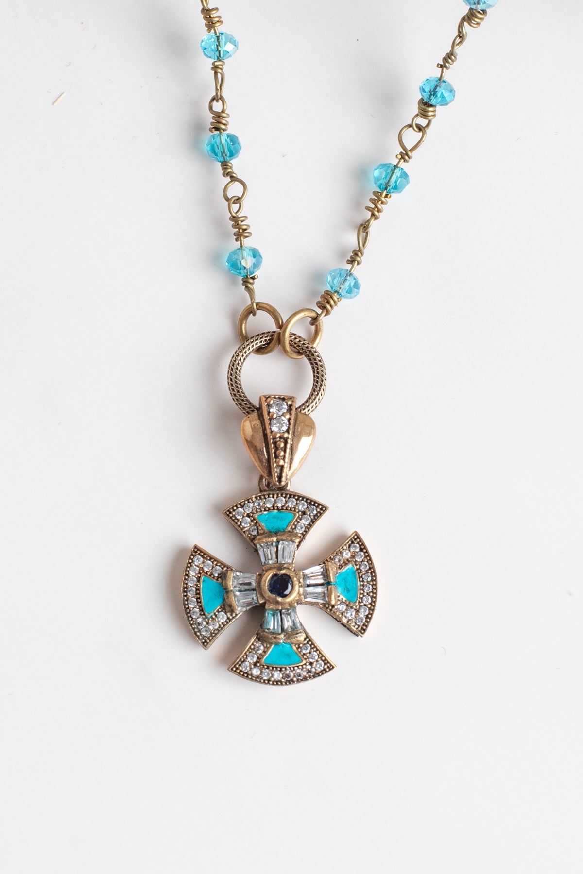 Sterling Silver Pave Maltese Cross Pendant on a Turquoise Crystal Fine Rosary Chain Necklace