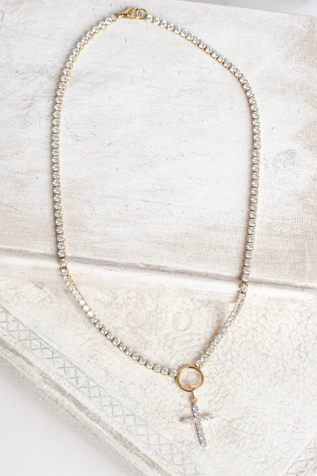 White Crystal Cross on Rhinestone Tennis Necklace