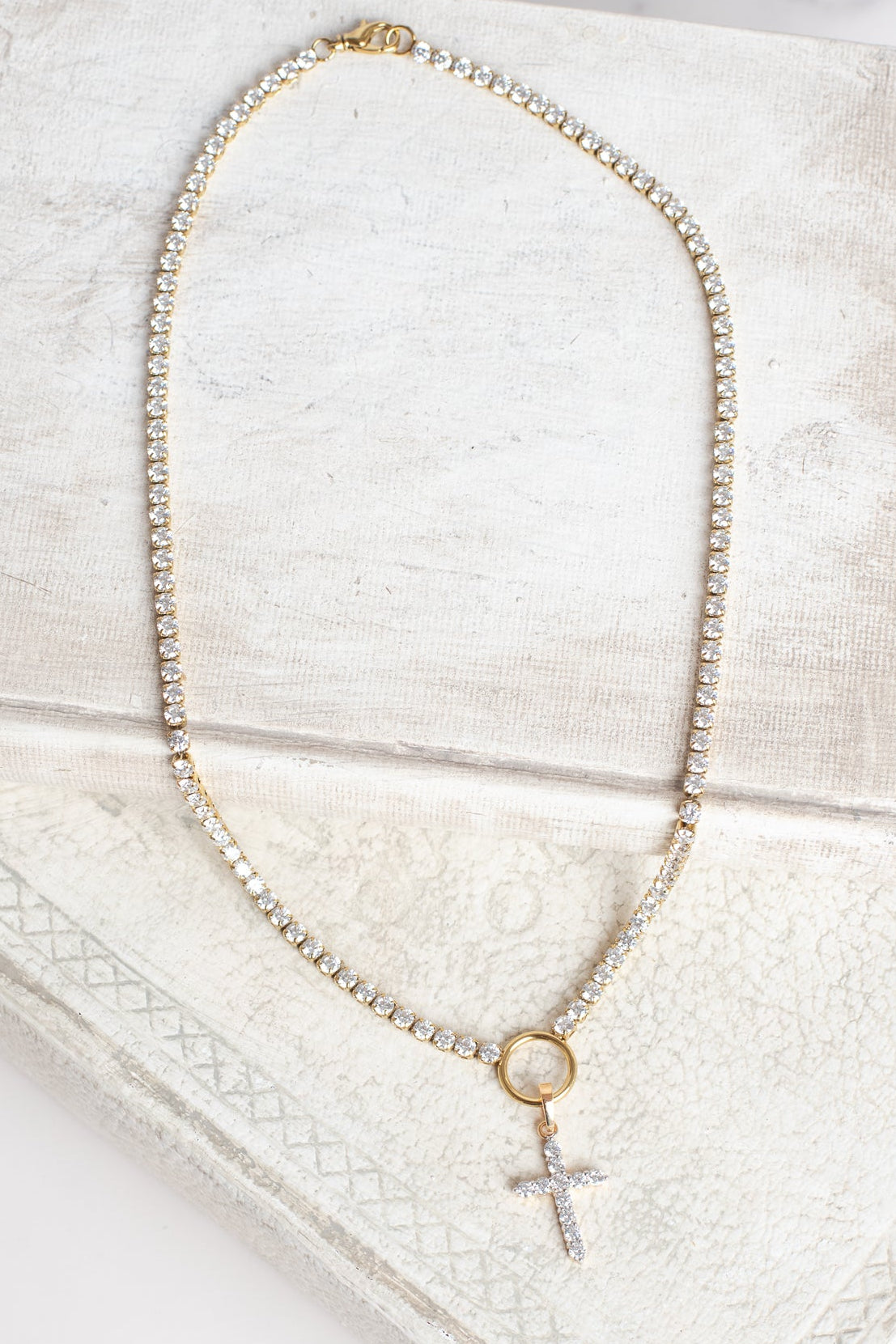 White Crystal Cross on Rhinestone Tennis Necklace