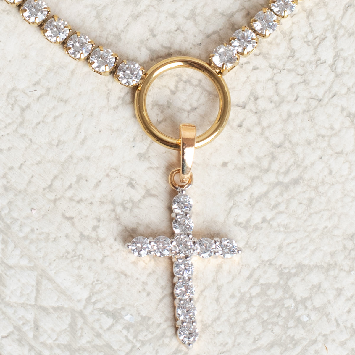 White Crystal Cross on Rhinestone Tennis Necklace