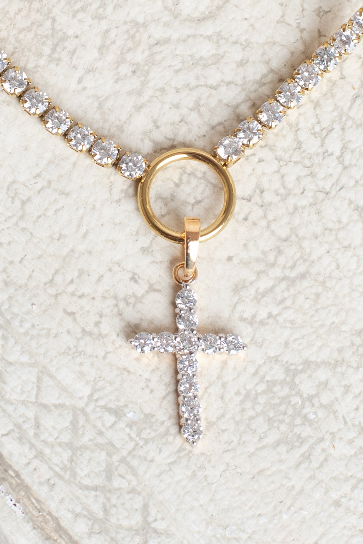 White Crystal Cross on Rhinestone Tennis Necklace