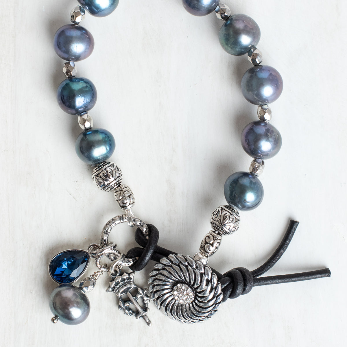 Peacock Pearl Bracelet wtih Silver Plated Beads, Button and Leather Closure with Crown Cross Charm and Crystal