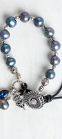 Peacock Pearl Bracelet wtih Silver Plated Beads, Button and Leather Closure with Crown Cross Charm and Crystal