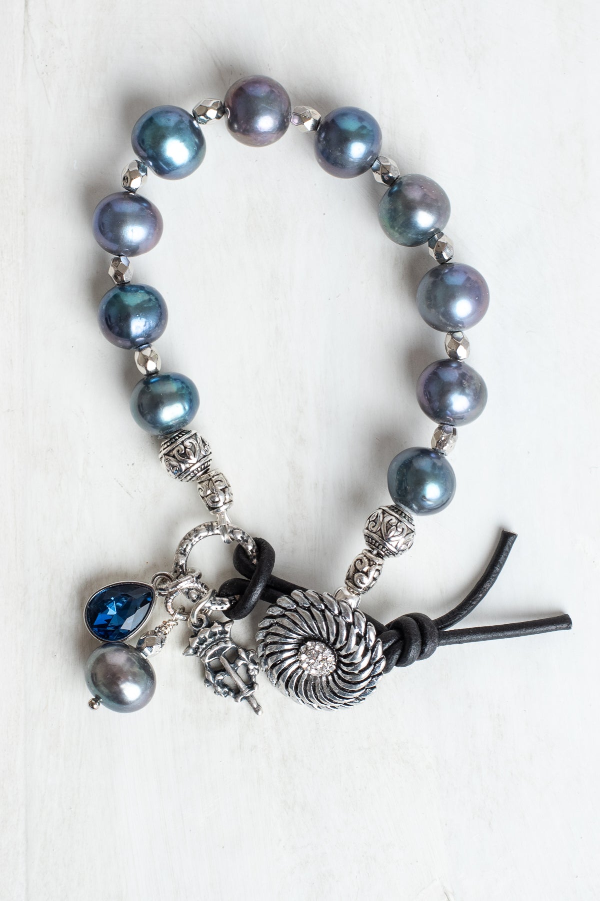Peacock Pearl Bracelet wtih Silver Plated Beads, Button and Leather Closure with Crown Cross Charm and Crystal
