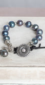 Peacock Pearl Bracelet wtih Silver Plated Beads, Button and Leather Closure with Crown Cross Charm and Crystal