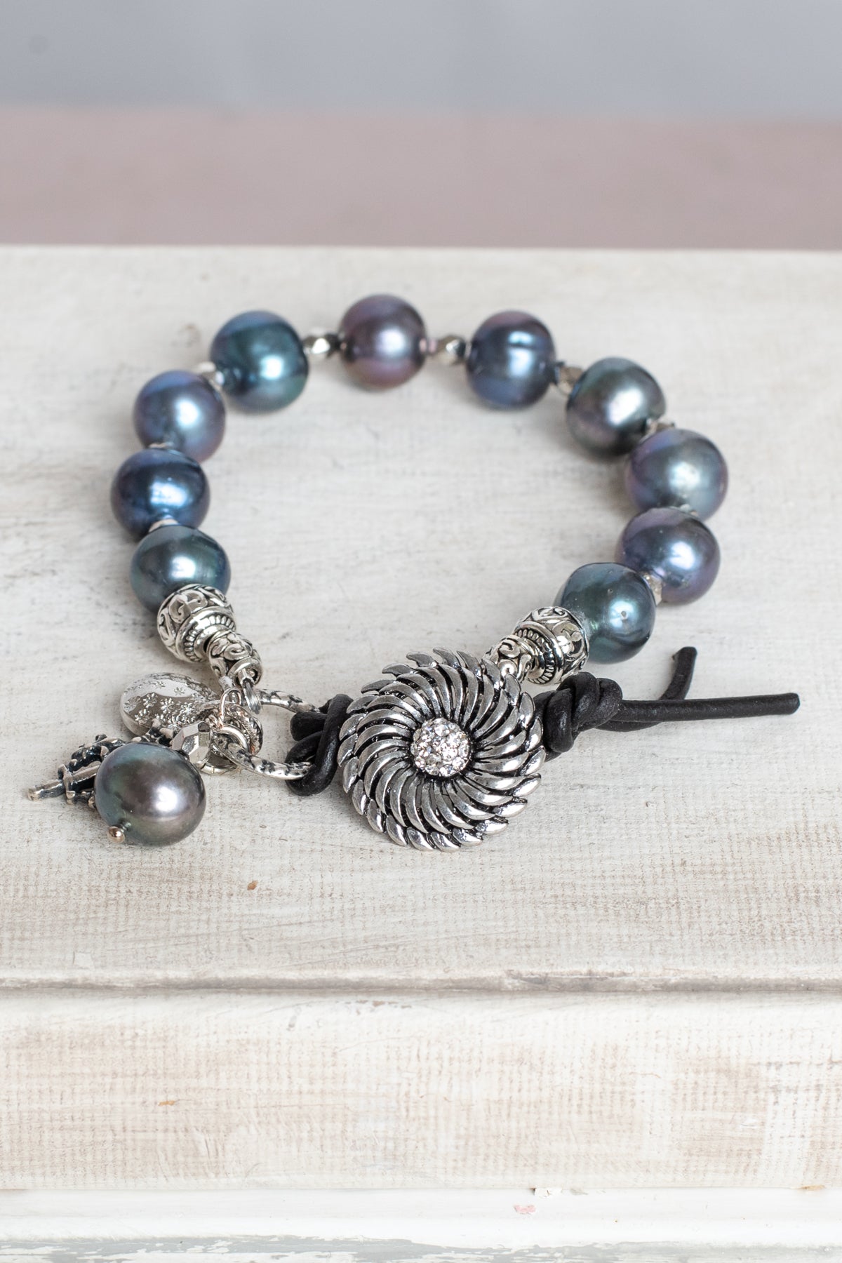 Peacock Pearl Bracelet wtih Silver Plated Beads, Button and Leather Closure with Crown Cross Charm and Crystal