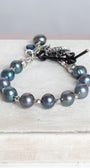 Peacock Pearl Bracelet wtih Silver Plated Beads, Button and Leather Closure with Crown Cross Charm and Crystal