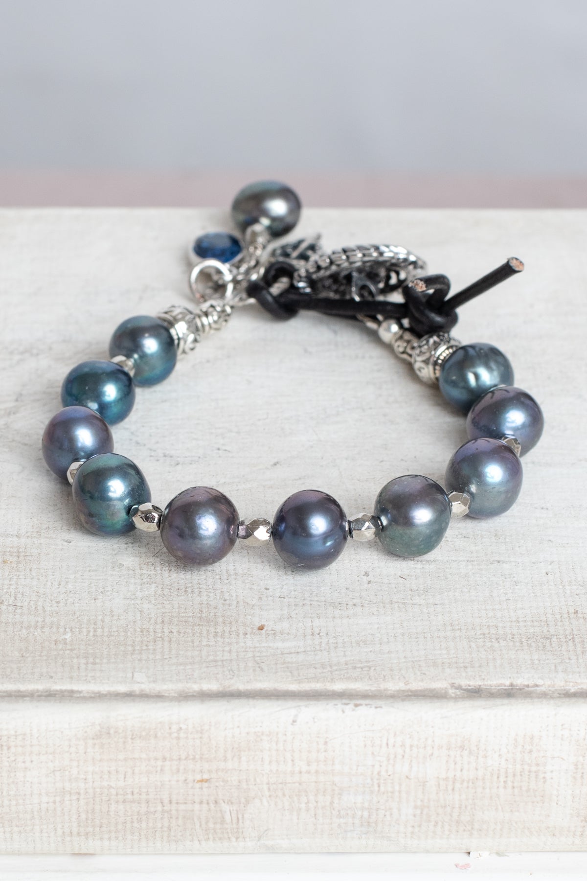 Peacock Pearl Bracelet wtih Silver Plated Beads, Button and Leather Closure with Crown Cross Charm and Crystal