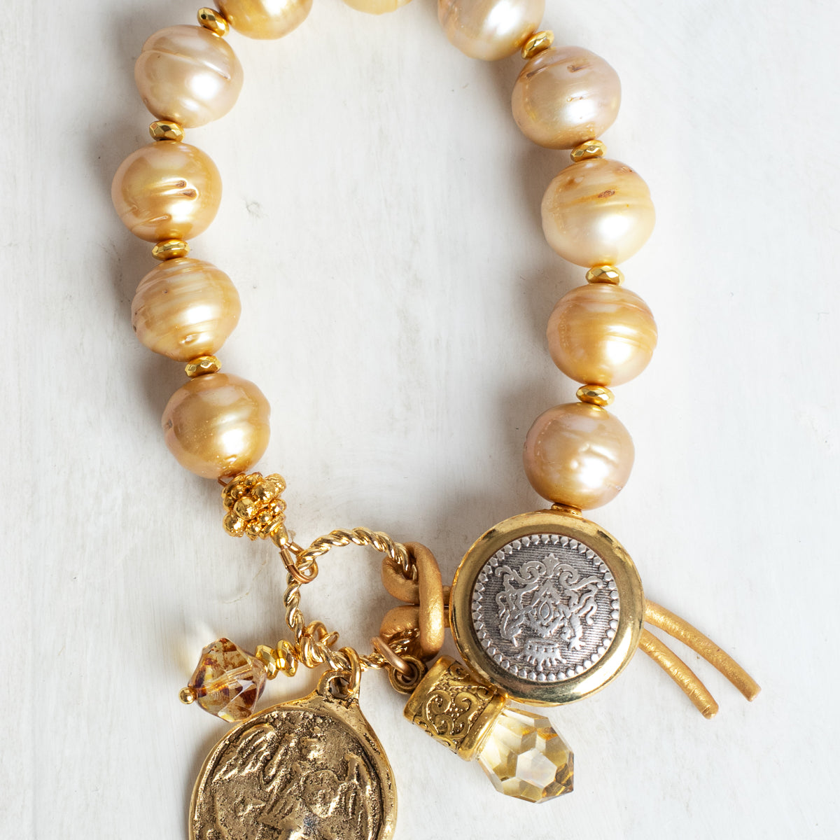 Gold Freshwater Pearl Bracelet with Angel Cross Gold Charm, Button and Leather Closure and Crystal