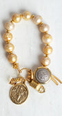 Gold Freshwater Pearl Bracelet with Angel Cross Gold Charm, Button and Leather Closure and Crystal