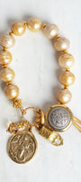Gold Freshwater Pearl Bracelet with Angel Cross Gold Charm, Button and Leather Closure and Crystal