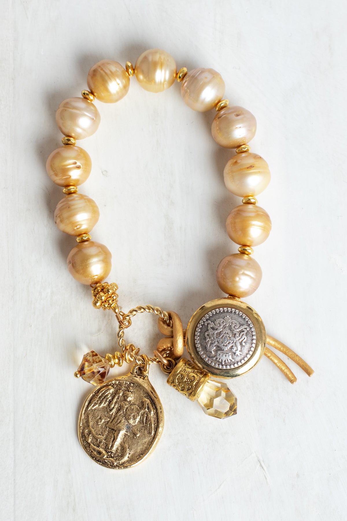 Gold Freshwater Pearl Bracelet with Angel Cross Gold Charm, Button and Leather Closure and Crystal