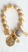 Gold Freshwater Pearl Bracelet with Angel Cross Gold Charm, Button and Leather Closure and Crystal