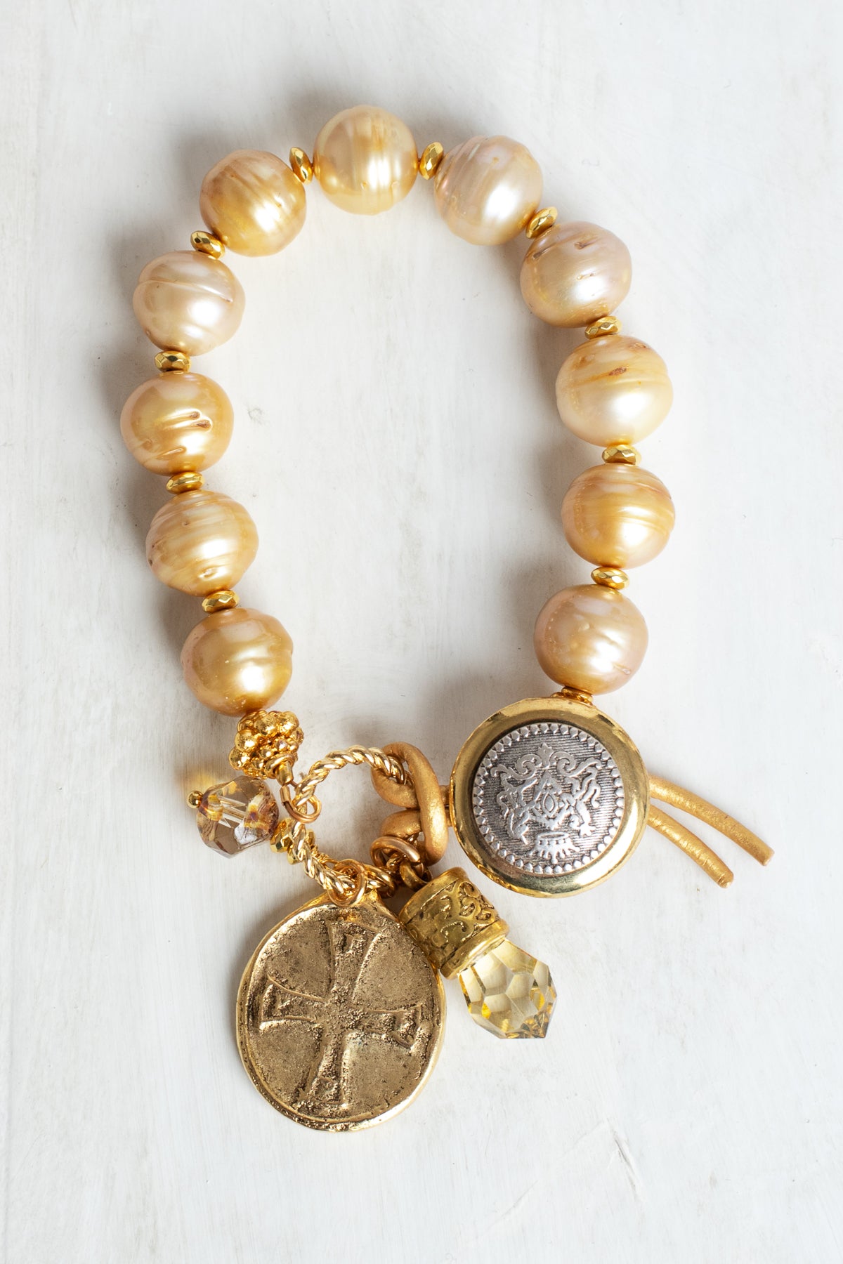 Gold Freshwater Pearl Bracelet with Angel Cross Gold Charm, Button and Leather Closure and Crystal