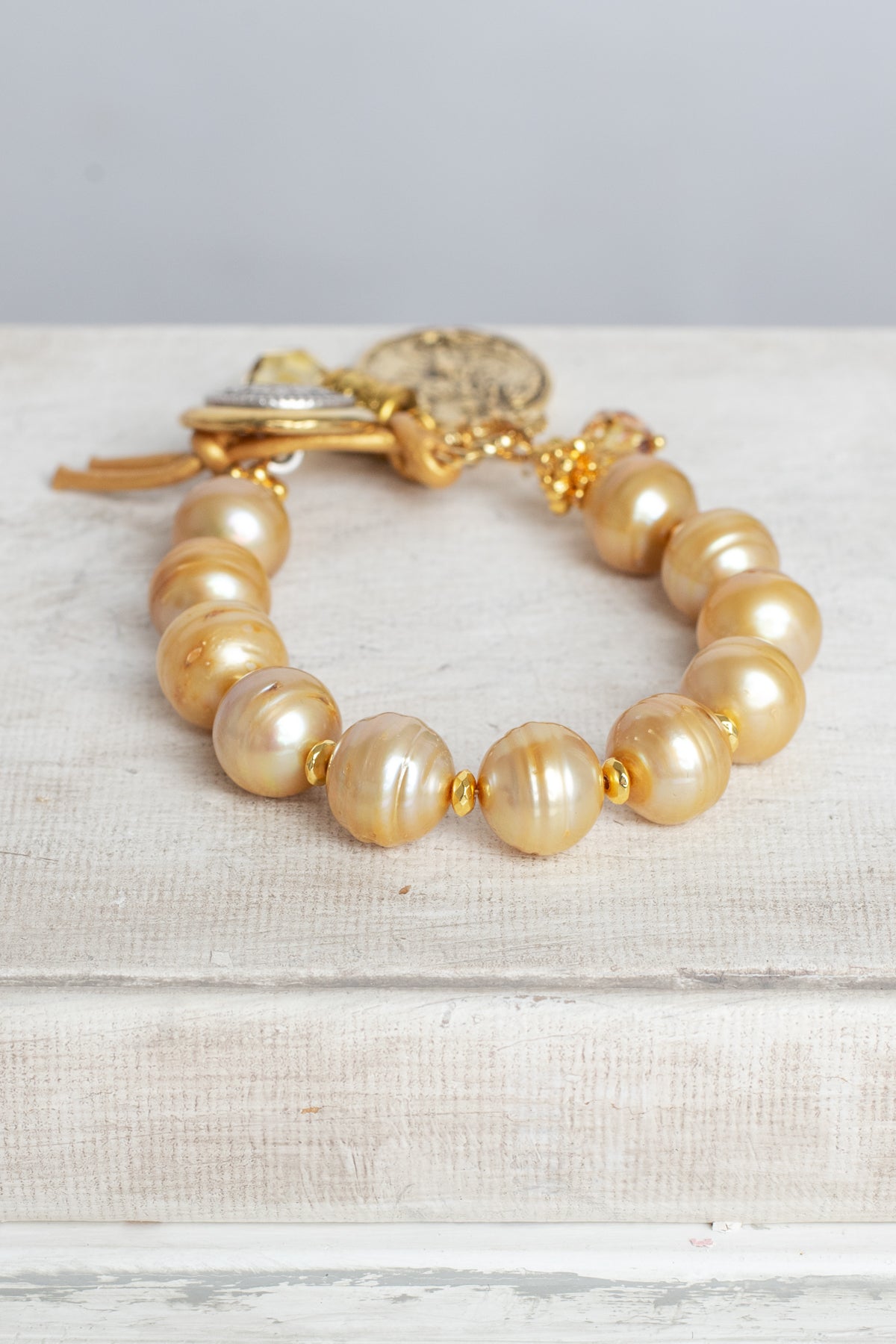 Gold Freshwater Pearl Bracelet with Angel Cross Gold Charm, Button and Leather Closure and Crystal