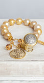 Gold Freshwater Pearl Bracelet with Angel Cross Gold Charm, Button and Leather Closure and Crystal