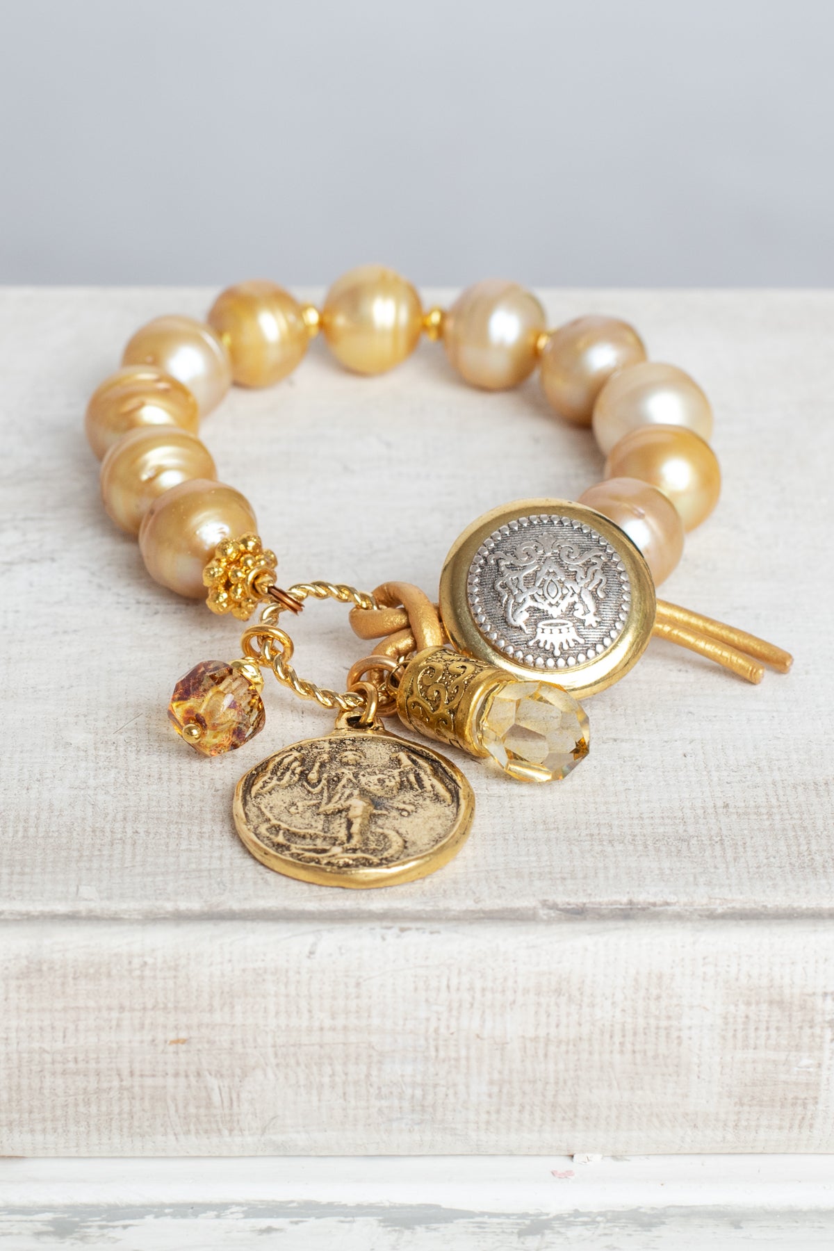 Gold Freshwater Pearl Bracelet with Angel Cross Gold Charm, Button and Leather Closure and Crystal
