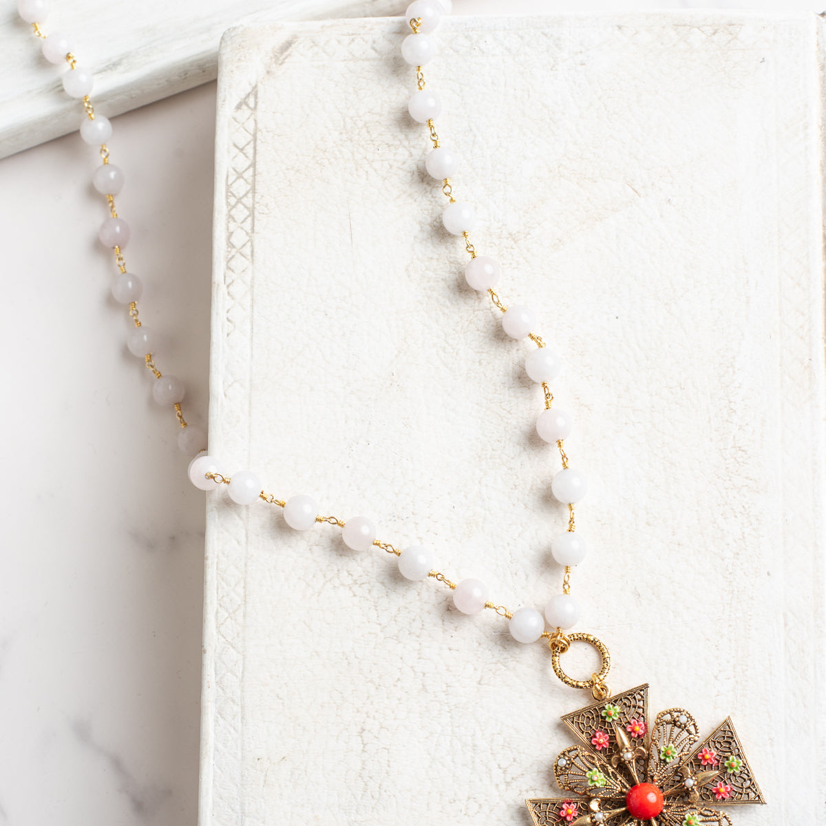 ART Arthur Pepper Signed MidCentury Filgree and Floral Cross Pendant on a White Agate Rosary Chain Necklace
