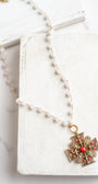 ART Arthur Pepper Signed MidCentury Filgree and Floral Cross Pendant on a White Agate Rosary Chain Necklace