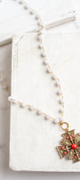 ART Arthur Pepper Signed MidCentury Filgree and Floral Cross Pendant on a White Agate Rosary Chain Necklace