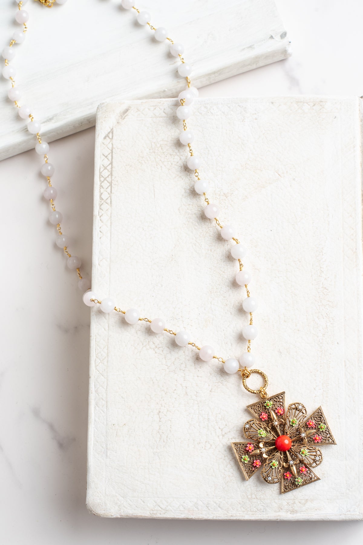 ART Arthur Pepper Signed MidCentury Filgree and Floral Cross Pendant on a White Agate Rosary Chain Necklace