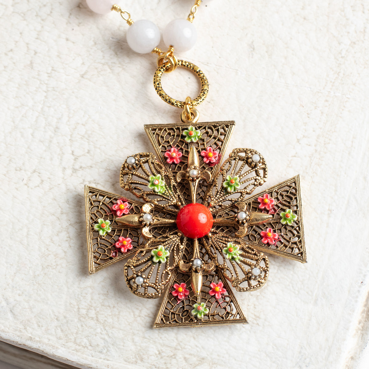 ART Arthur Pepper Signed MidCentury Filgree and Floral Cross Pendant on a White Agate Rosary Chain Necklace