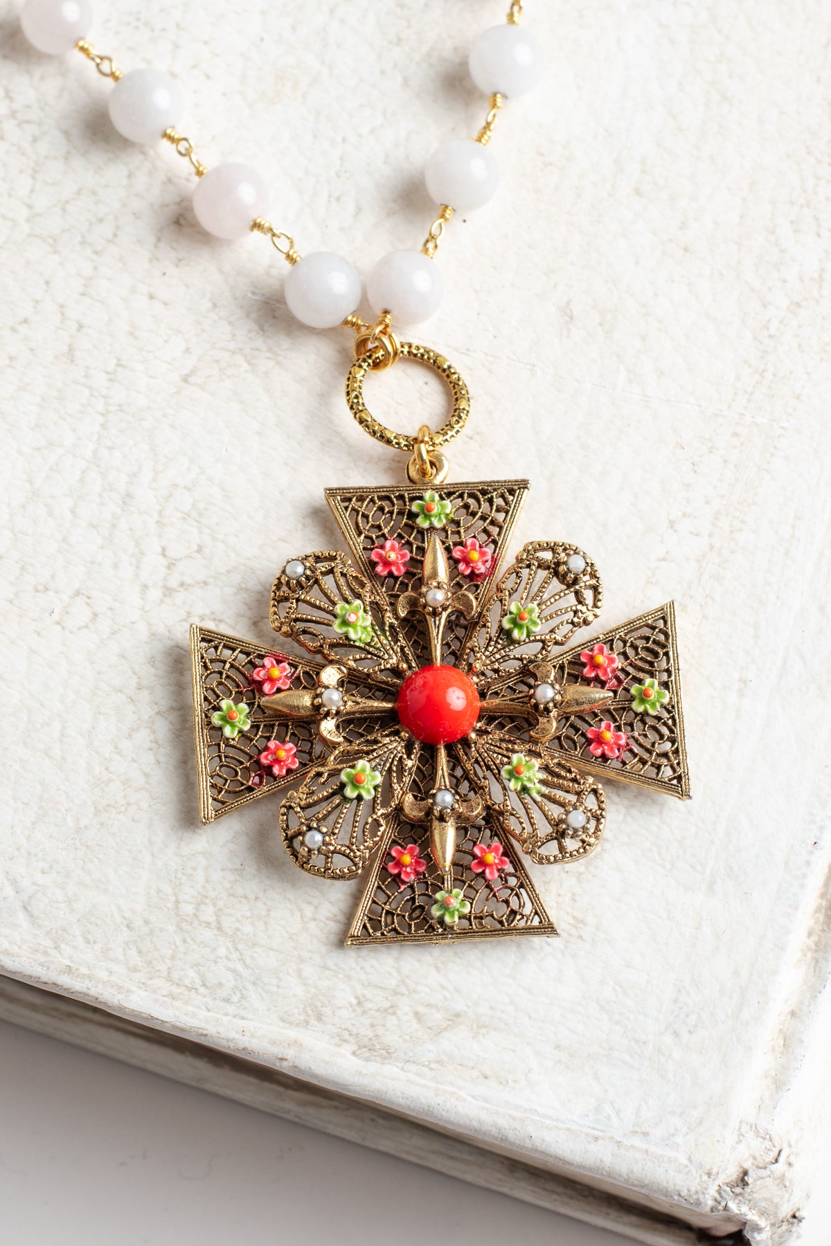 ART Arthur Pepper Signed MidCentury Filgree and Floral Cross Pendant on a White Agate Rosary Chain Necklace