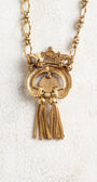 Vintage Gold Signed "Florenza" Designer Crown Brooch Pendant with Black and Brown Rhinestones, Faux Pearl Accents and Chain Tasels on a Designer Gold Tone Chain Necklace