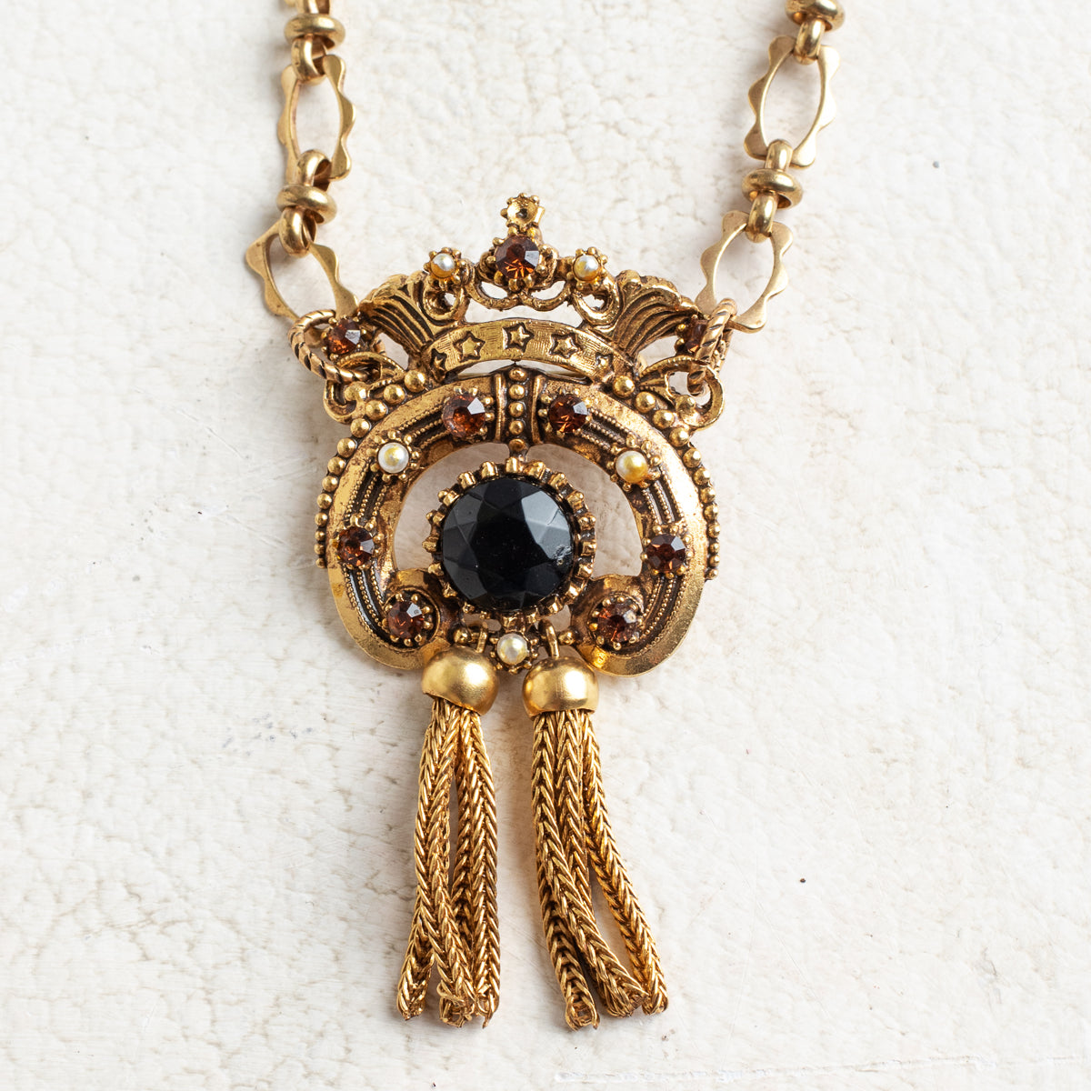Signed Vintage Florenza 1960s Rhinestone & Faux Pearl Brooch Pendant Necklace