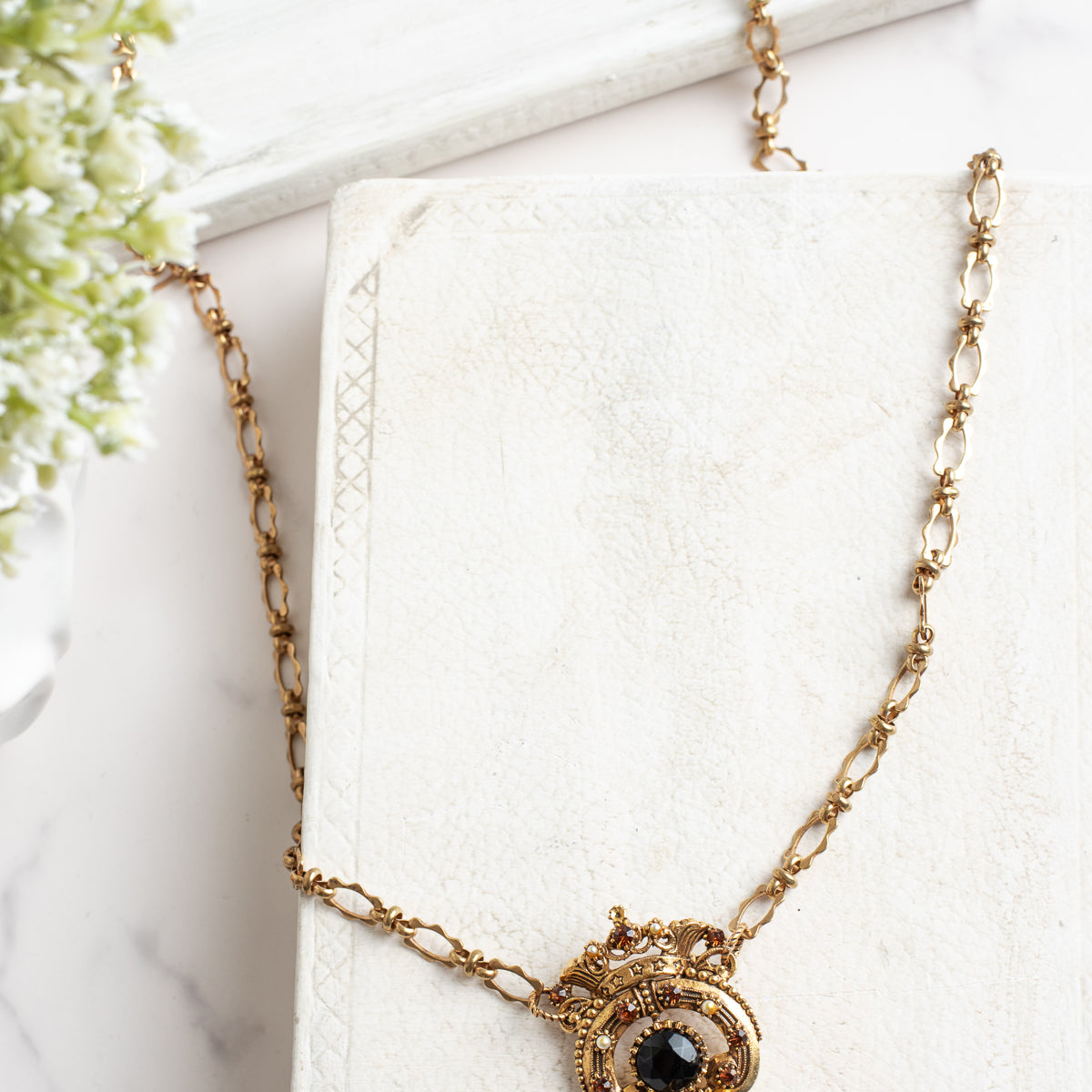 Vintage Gold Signed "Florenza" Designer Crown Brooch Pendant with Black and Brown Rhinestones, Faux Pearl Accents and Chain Tasels on a Designer Gold Tone Chain Necklace