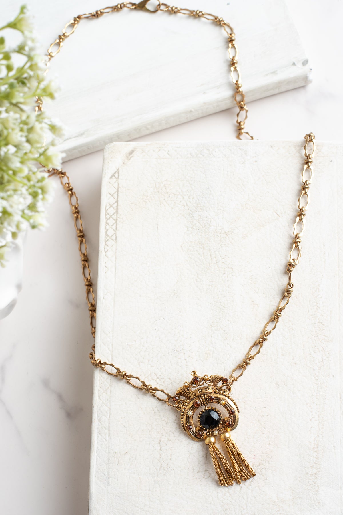 Vintage Gold Signed "Florenza" Designer Crown Brooch Pendant with Black and Brown Rhinestones, Faux Pearl Accents and Chain Tasels on a Designer Gold Tone Chain Necklace