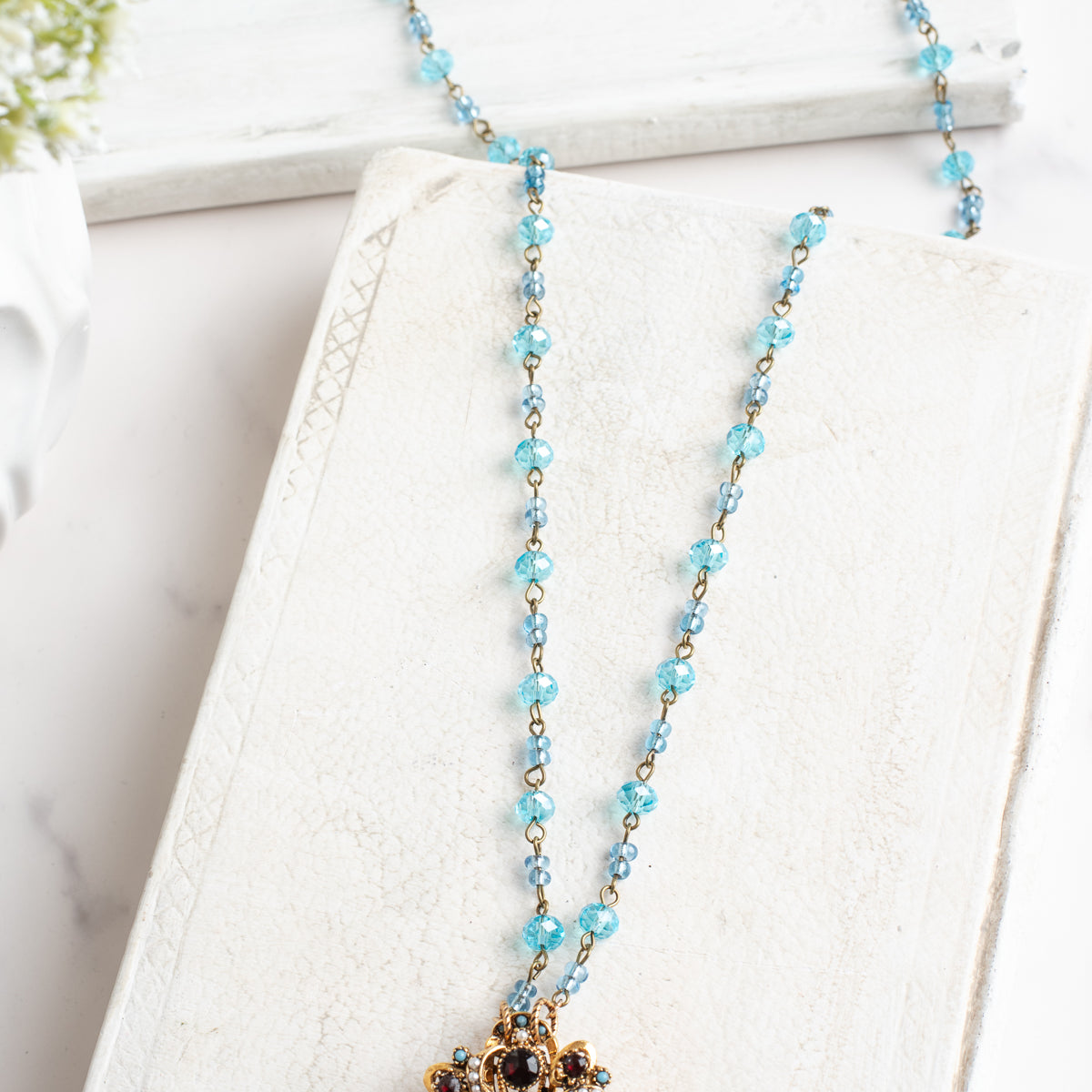 Vintage Gold Signed "ART" Designer Brooch Pendant with Red Rhinestones, Turquoise and Pearl Accents on a Turquoise and Gold Rosary Chain Necklace