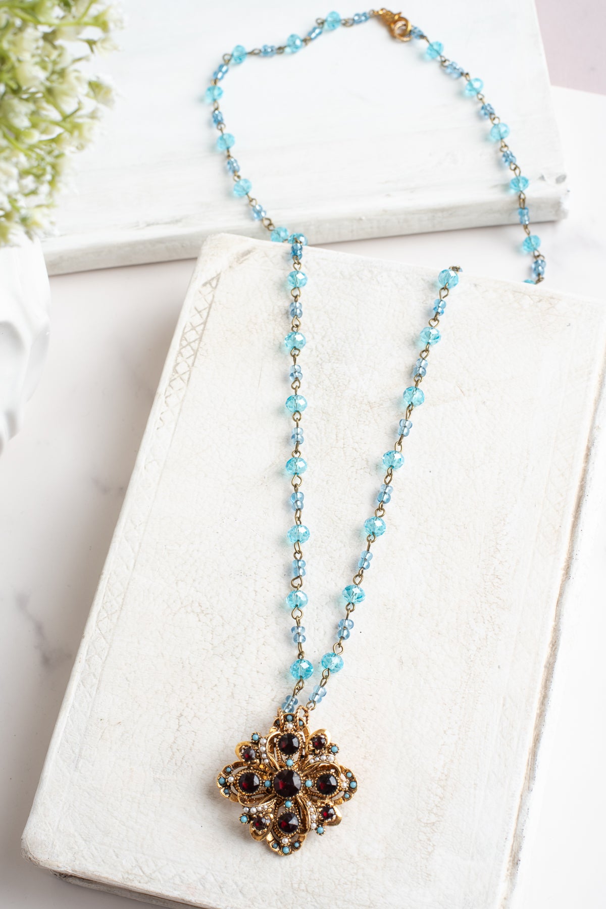 Vintage Gold Signed "ART" Designer Brooch Pendant with Red Rhinestones, Turquoise and Pearl Accents on a Turquoise and Gold Rosary Chain Necklace