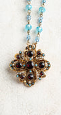 Vintage Gold Signed "ART" Designer Brooch Pendant with Red Rhinestones, Turquoise and Pearl Accents on a Turquoise and Gold Rosary Chain Necklace