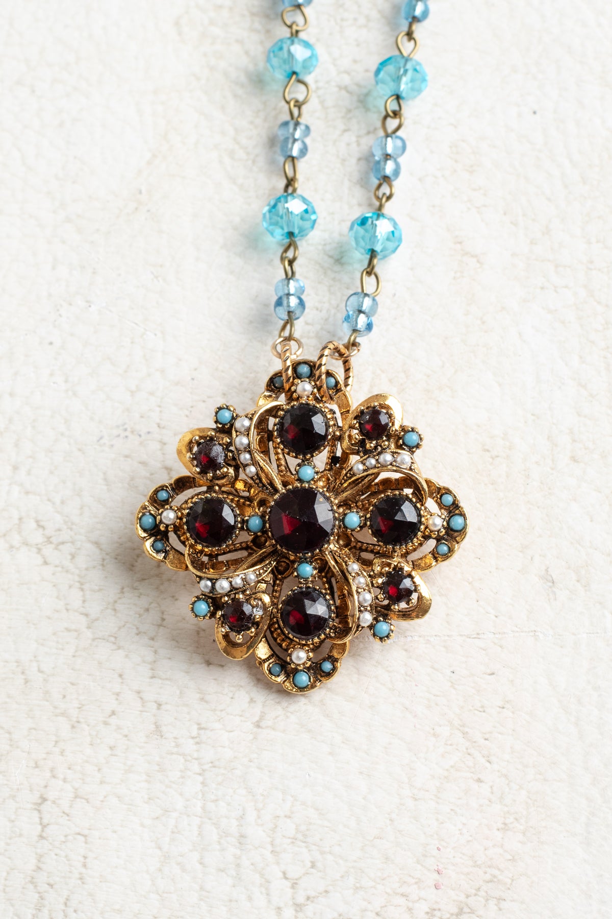 Vintage Gold Signed "ART" Designer Brooch Pendant with Red Rhinestones, Turquoise and Pearl Accents on a Turquoise and Gold Rosary Chain Necklace
