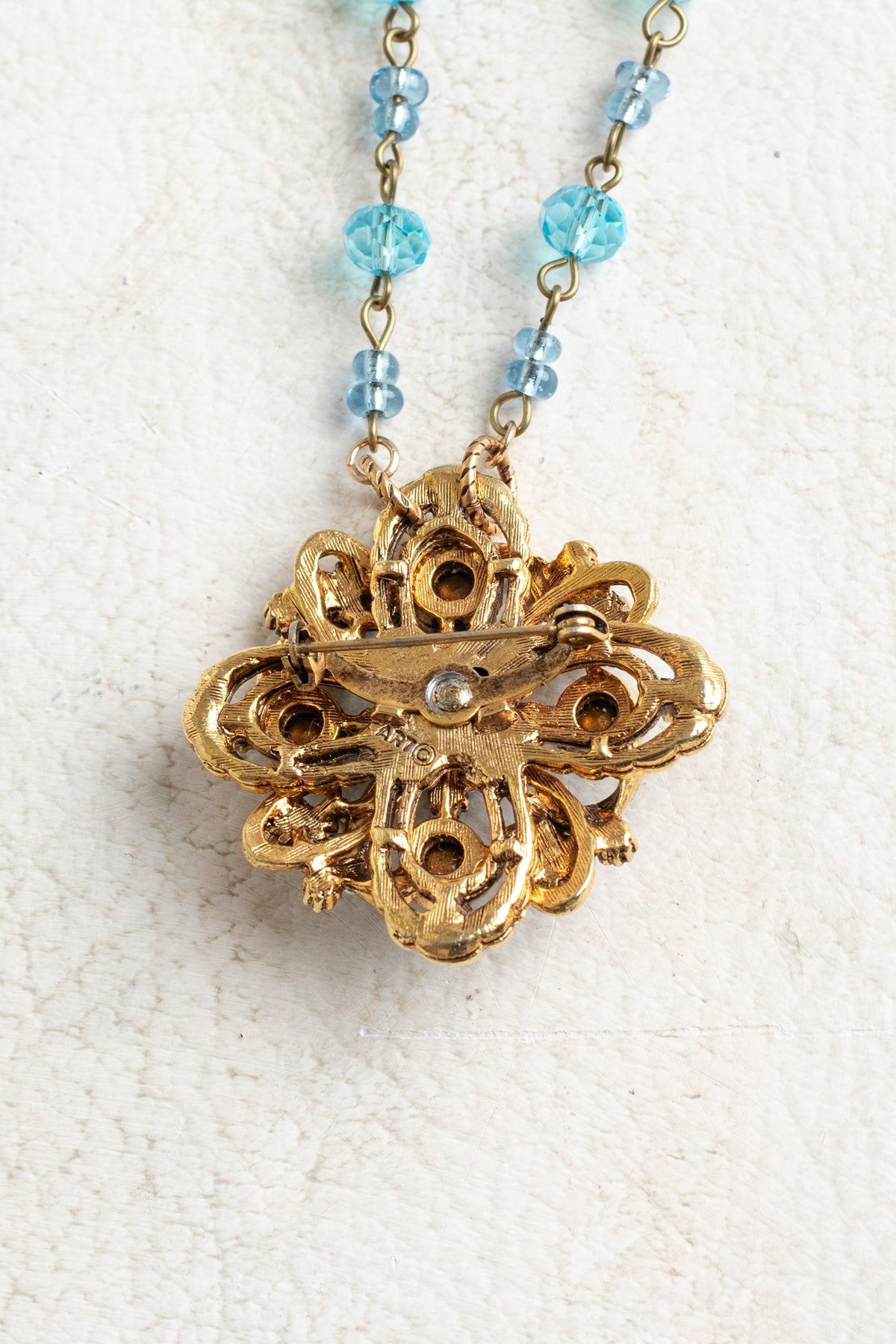 Vintage Gold Signed "ART" Designer Brooch Pendant with Red Rhinestones, Turquoise and Pearl Accents on a Turquoise and Gold Rosary Chain Necklace