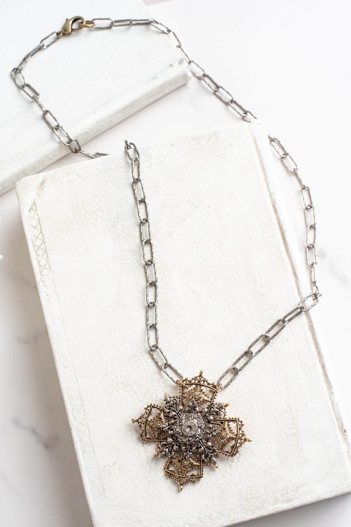 ART Arthur Pepper Signed MidCentury Two Tone Filigree Cross Pendant Brooch on a Silvertone Paperclip Textured Chain Necklace