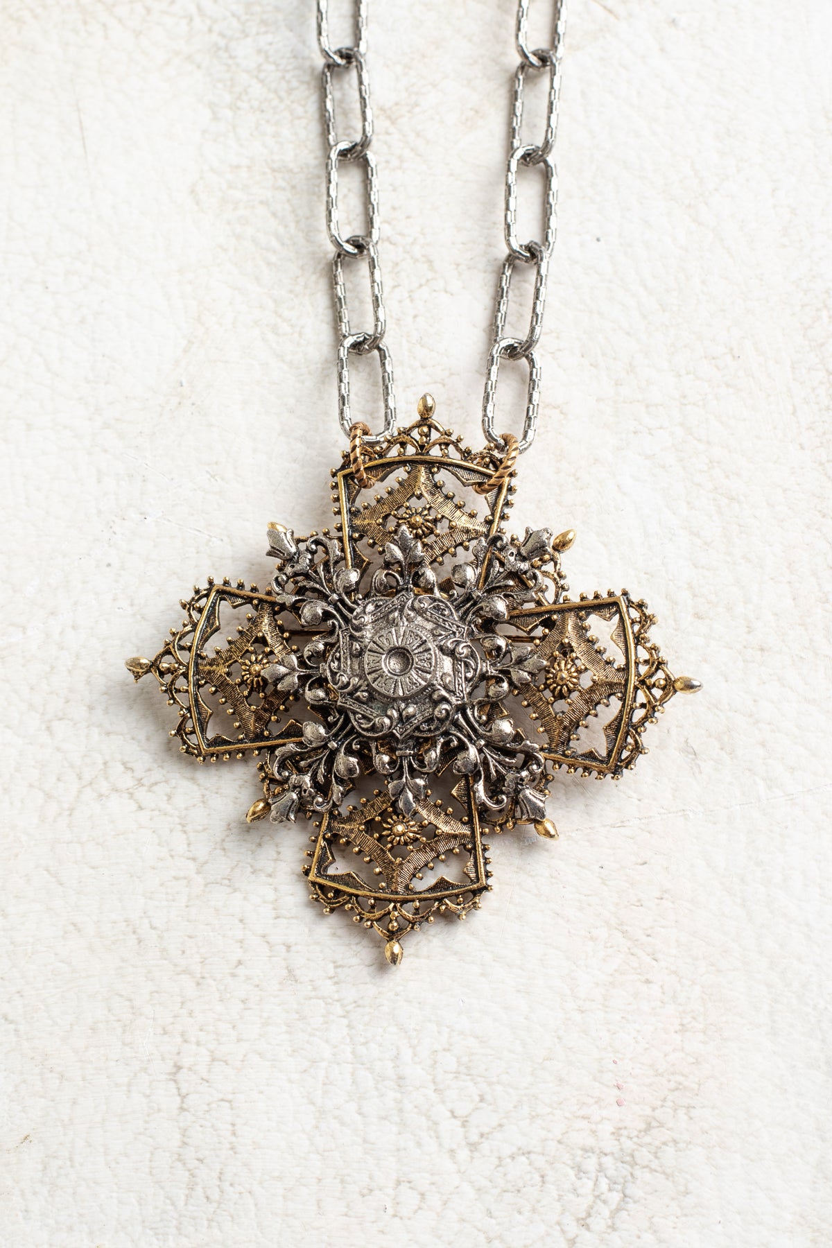 ART Arthur Pepper Signed MidCentury Two Tone Filigree Cross Pendant Brooch on a Silvertone Paperclip Textured Chain Necklace