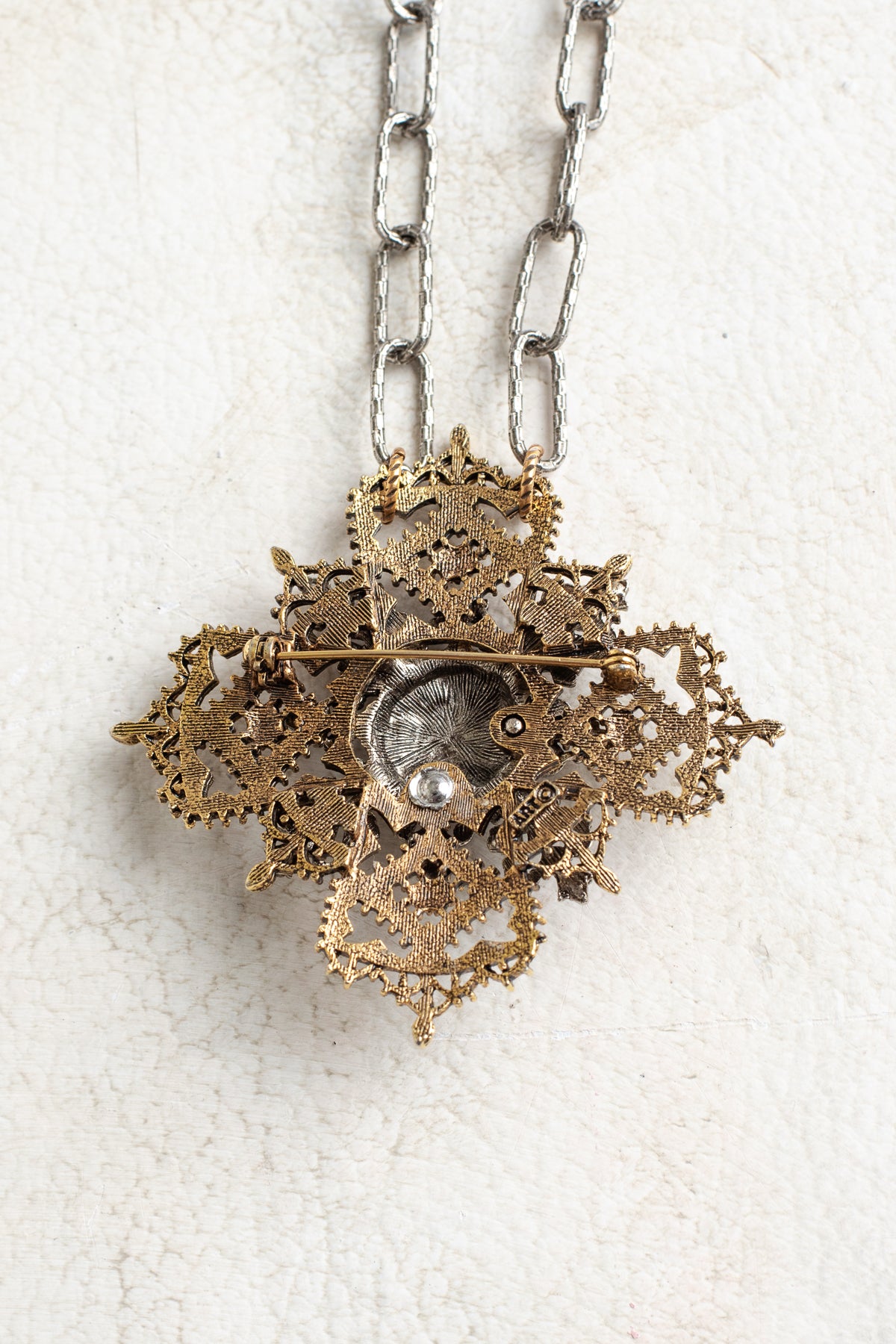 ART Arthur Pepper Signed MidCentury Two Tone Filigree Cross Pendant Brooch on a Silvertone Paperclip Textured Chain Necklace