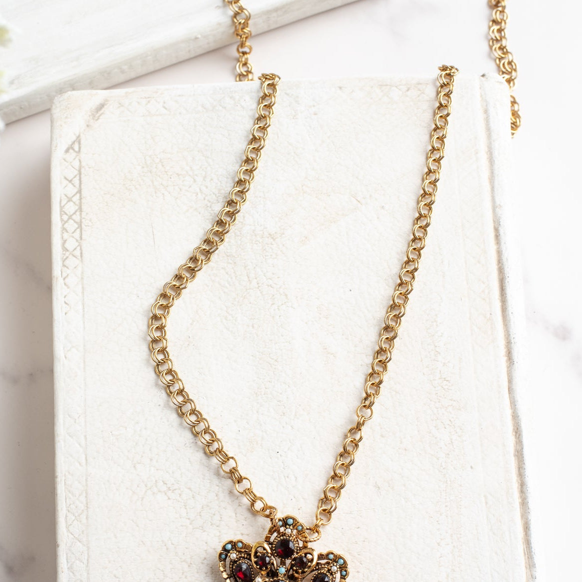 Vintage Gold Signed "ART" Designer Crown Brooch Pendant with Red Rhinestones, Turquoise and Pearl Accents on a Brass Double Rolo Chain Necklace