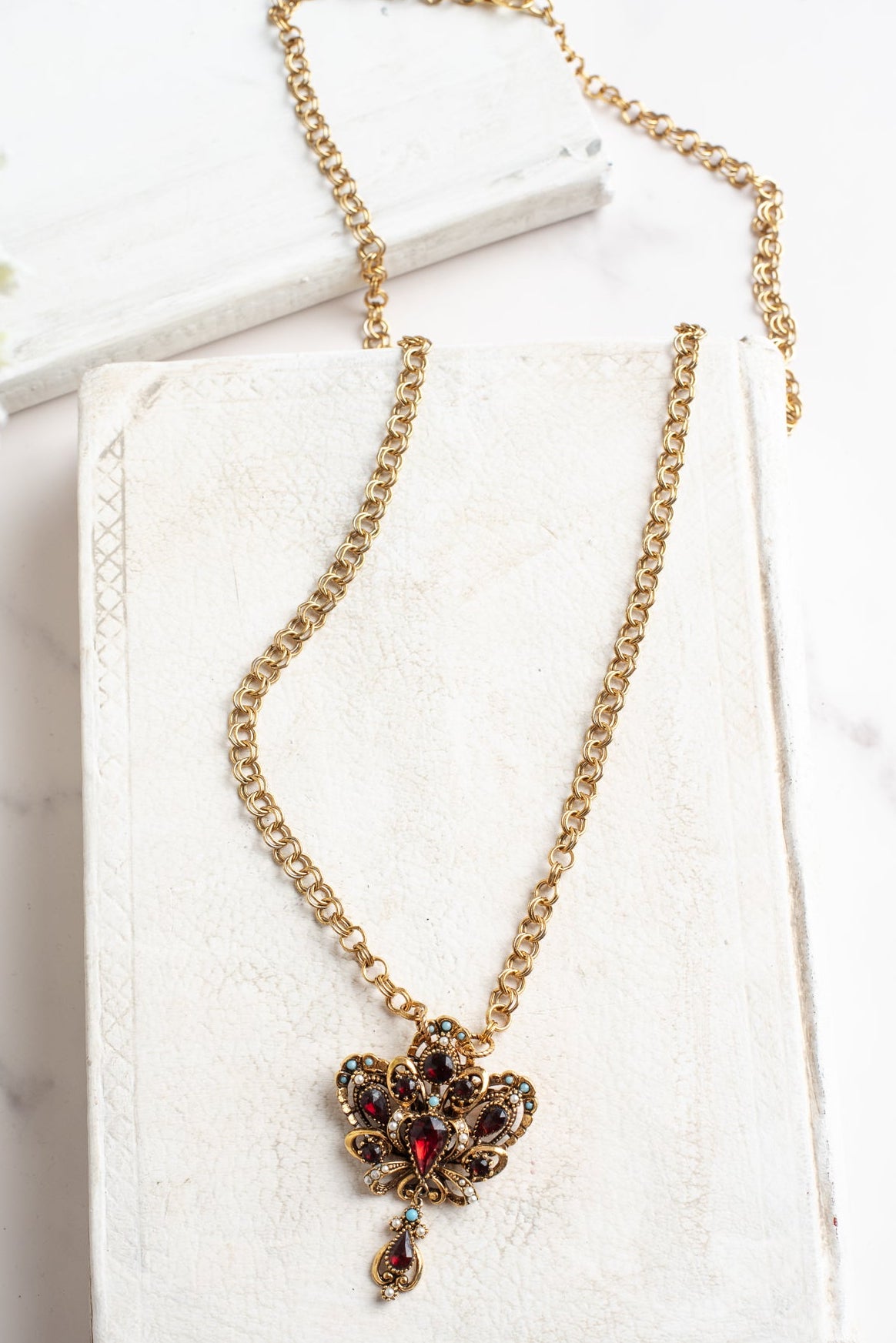 Vintage Gold Signed "ART" Designer Crown Brooch Pendant with Red Rhinestones, Turquoise and Pearl Accents on a Brass Double Rolo Chain Necklace