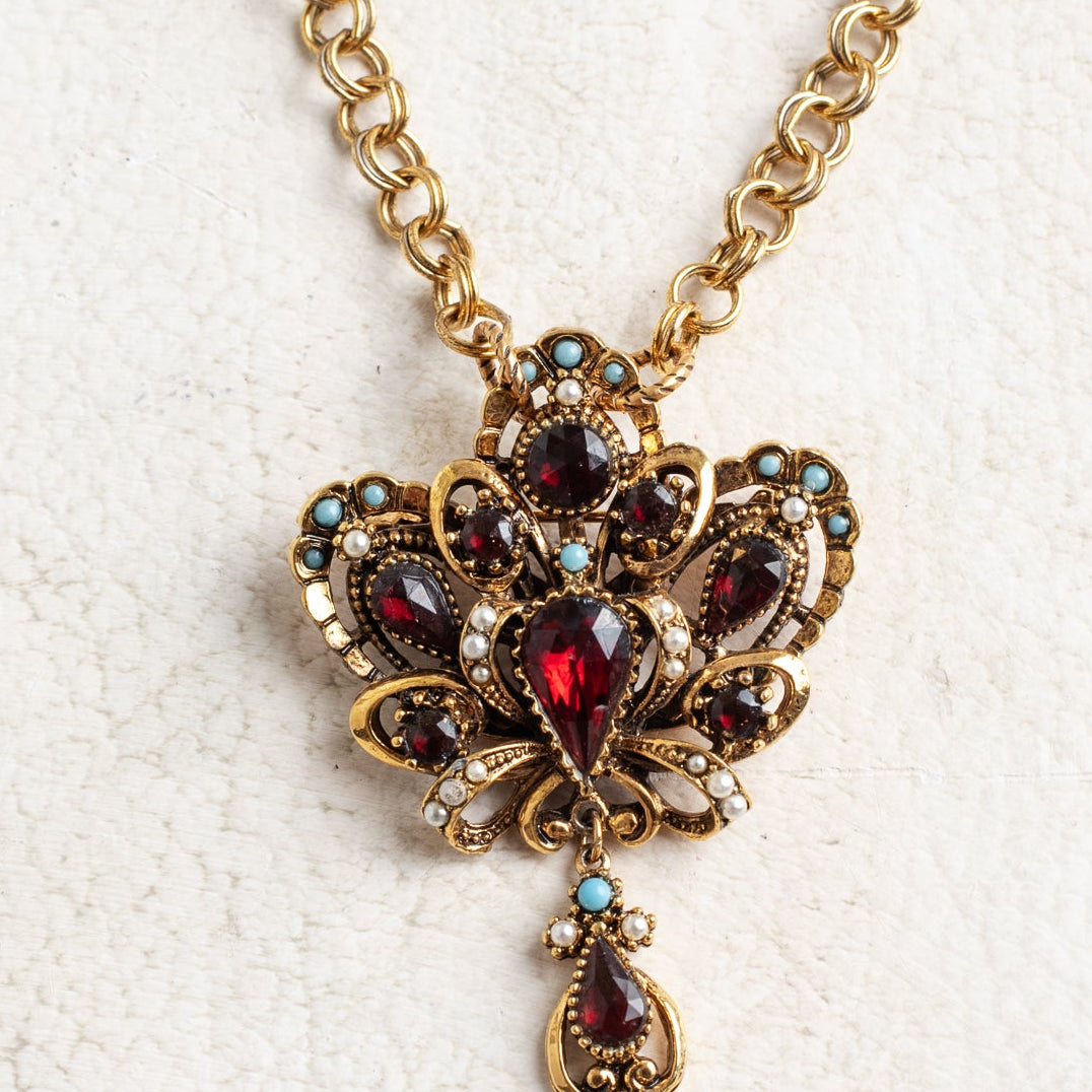 Signed Vintage ART Mode-Art 1960s Rhinestone & Turquoise Brooch Pendant Necklace