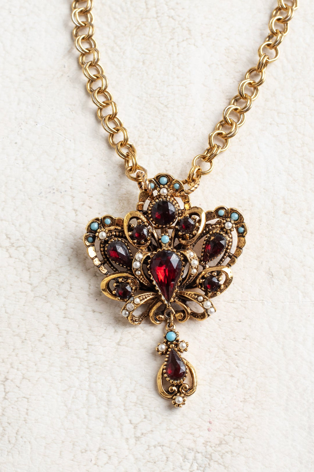 Vintage Gold Signed "ART" Designer Crown Brooch Pendant with Red Rhinestones, Turquoise and Pearl Accents on a Brass Double Rolo Chain Necklace