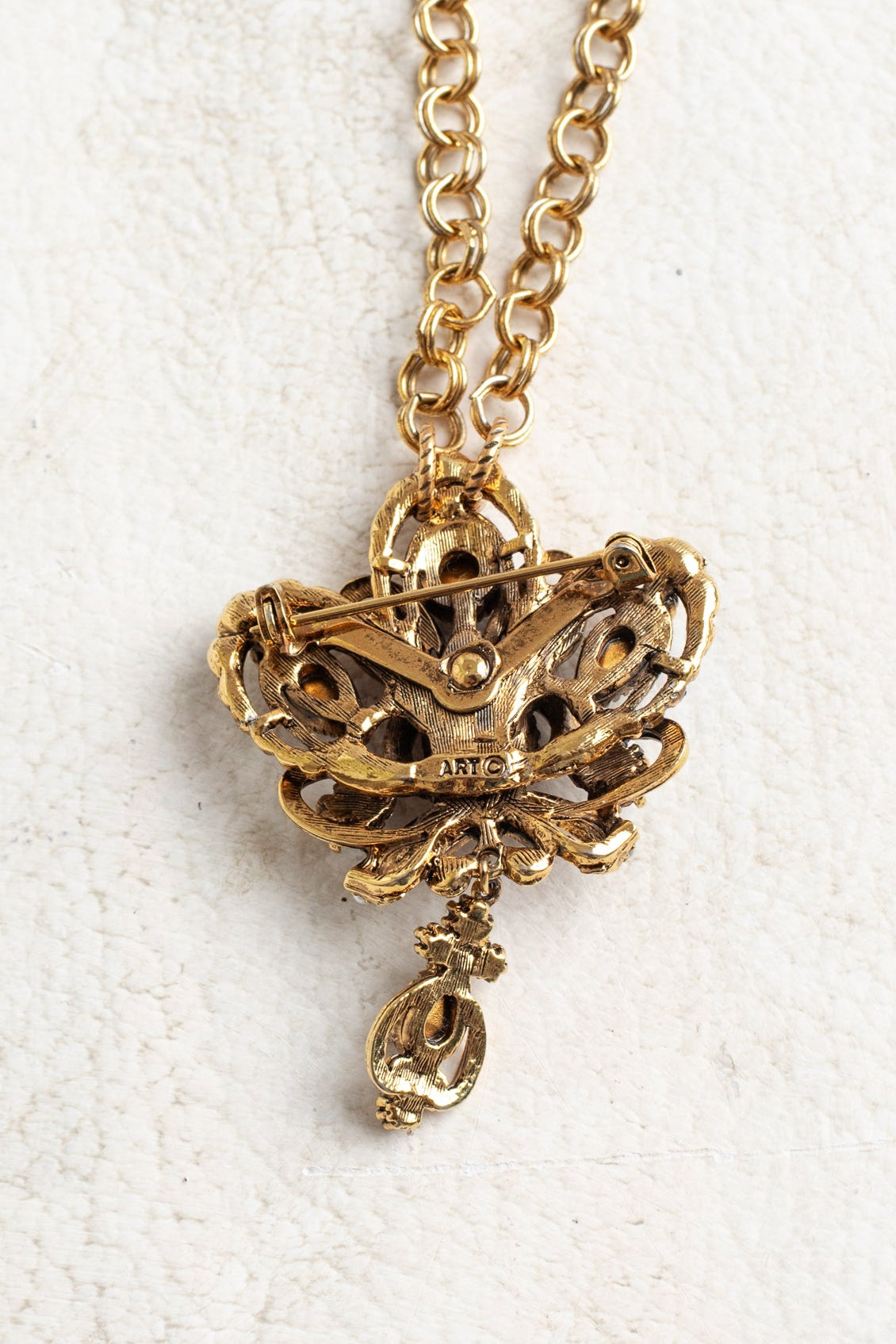 Vintage Gold Signed "ART" Designer Crown Brooch Pendant with Red Rhinestones, Turquoise and Pearl Accents on a Brass Double Rolo Chain Necklace