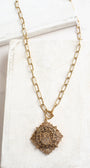 ART Arthur Pepper Signed MidCentury Goldtone Filigree Pendant with Initials ND on a Bronze Plated Paperclip Textured Chain