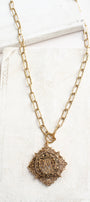 ART Arthur Pepper Signed MidCentury Goldtone Filigree Pendant with Initials ND on a Bronze Plated Paperclip Textured Chain