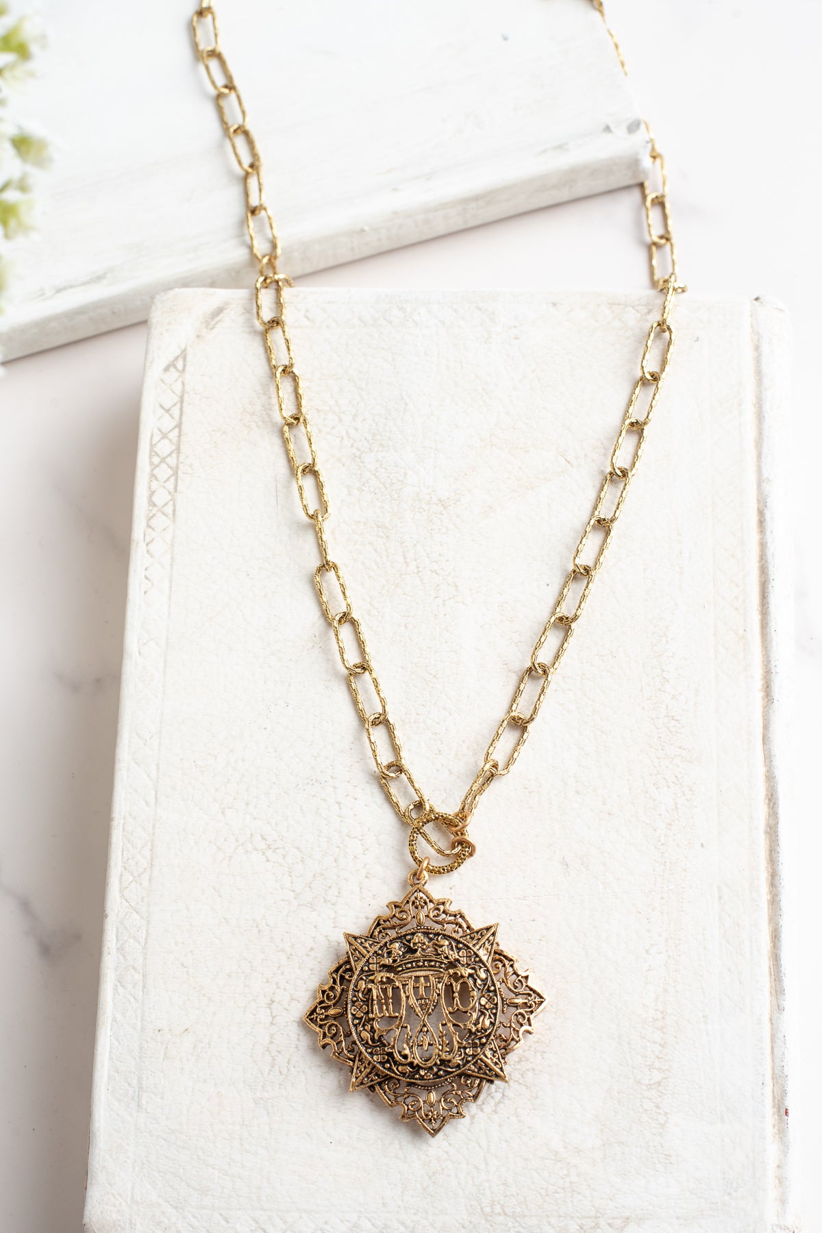 ART Arthur Pepper Signed MidCentury Goldtone Filigree Pendant with Initials ND on a Bronze Plated Paperclip Textured Chain