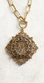 ART Arthur Pepper Signed MidCentury Goldtone Filigree Pendant with Initials ND on a Bronze Plated Paperclip Textured Chain