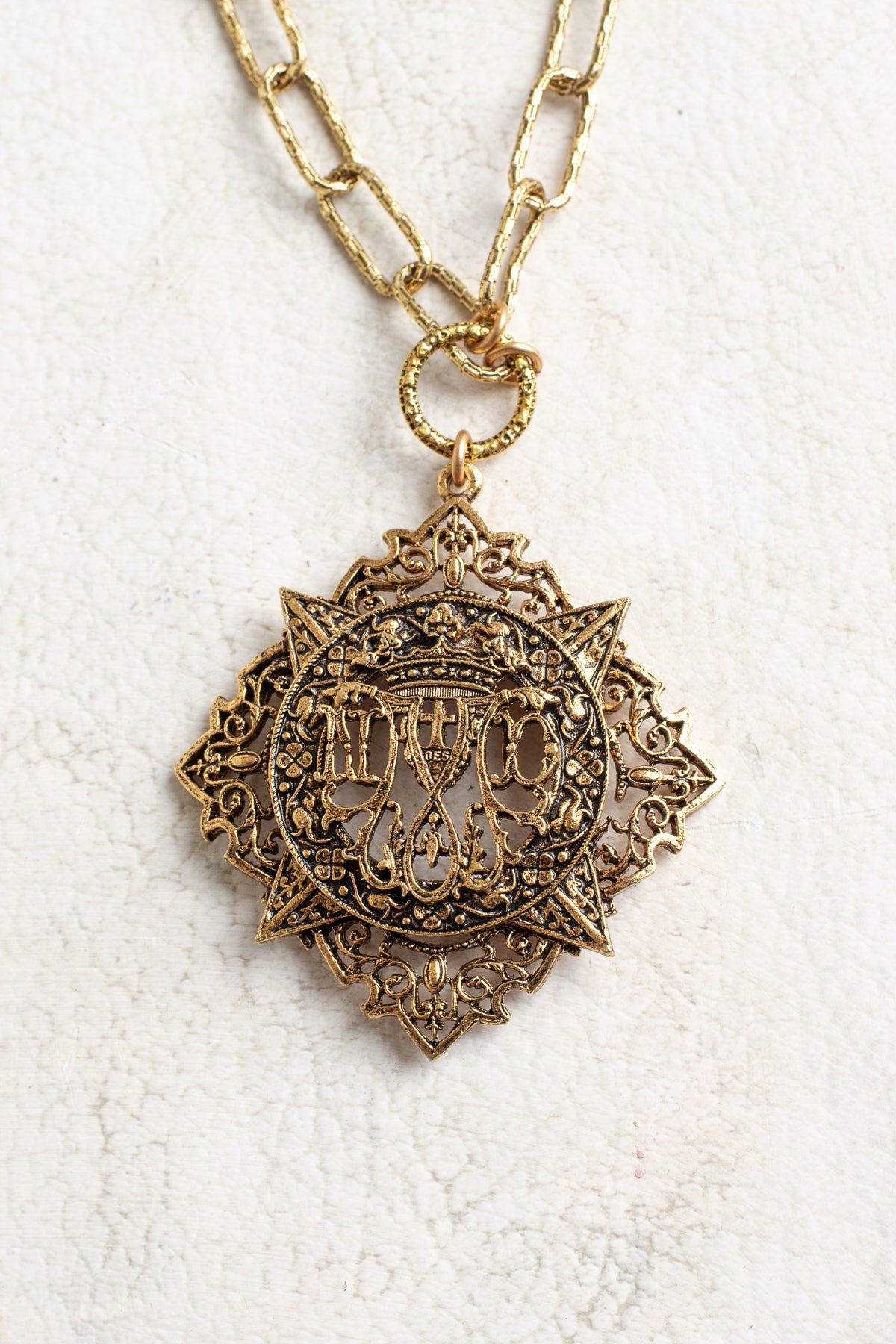 ART Arthur Pepper Signed MidCentury Goldtone Filigree Pendant with Initials ND on a Bronze Plated Paperclip Textured Chain